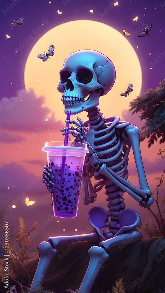 Skeleton Making Tea kawaii skeleton sipping bubble tea under a purple sky wallpapers for ...