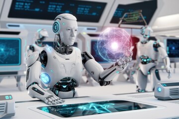 Poster - A humanoid robot in a futuristic lab interacts with a holographic sphere, showcasing advanced AI and robotics.