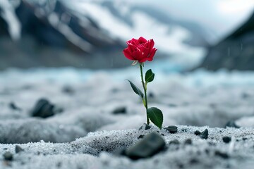 Wall Mural - A vibrant red rose stands alone on a barren, rocky landscape, symbolizing resilience amidst nature's challenges. Blossom’s Resilience in the Cold, Silent Growth