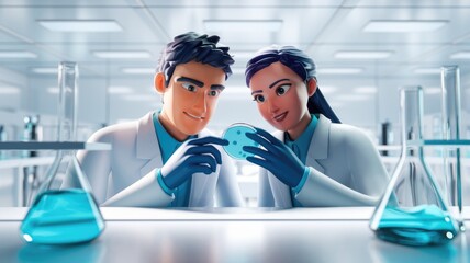 Poster - Two cartoon scientists examine a petri dish in a modern lab, focused on scientific research and discovery.