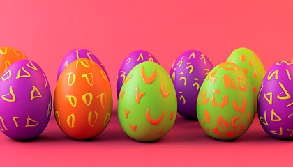 Wall Mural - A coral pink solid background featuring neon-painted Easter eggs in bright green, purple, and orange