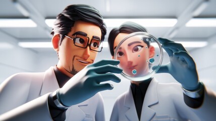 Poster - Two cartoon scientists examine a petri dish containing a bacterial culture in a lab.