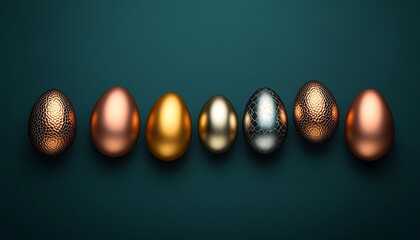 Wall Mural - A dark teal background with metallic eggs in gold, copper, and silver placed symmetrically