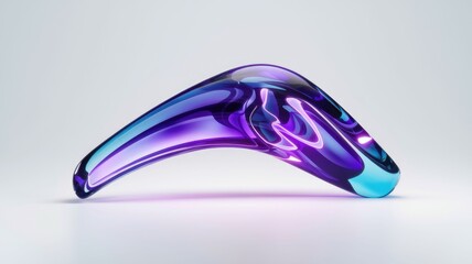 Poster - Abstract 3D render of a boomerang-shaped, iridescent glass object with vibrant purple and blue hues.