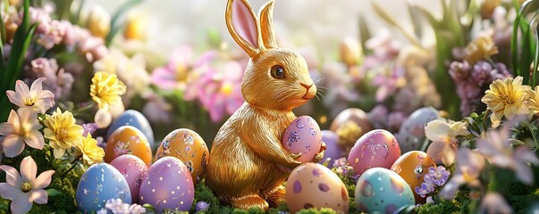 Wall Mural - A golden Easter bunny figure surrounded by pastel egg decorations and blooming spring flowers