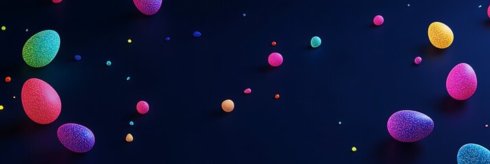 Wall Mural - A navy blue background with glowing neon eggs in vivid colors scattered across the scene