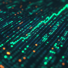 Poster - Digital Surge: Abstract visualization of a dynamic stock market graph, showcasing vibrant teal and orange data points surging upwards, representing growth and financial success.