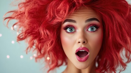 Wall Mural - A woman with striking curly red hair and a surprised expression demonstrates an engaging moment, marked by colorful makeup that enhances her vibrant personality.