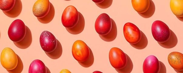 Wall Mural - A peach background with Easter eggs painted in bold hues of red, orange, and yellow, arranged in a geometric grid