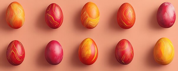 Wall Mural - A peach background with Easter eggs painted in bold hues of red, orange, and yellow, arranged in a geometric grid