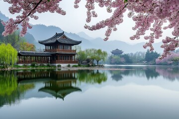 Poster - Cherry blossoms drifting over a serene lake in spring