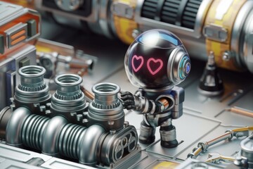 Poster - A cute robot with hearts on its visor inspects complex machinery in a futuristic setting.