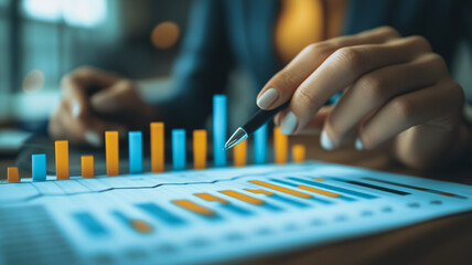 Poster - Analyzing the Numbers: A close-up image of a businesswoman's hands meticulously analyzing a bar chart, revealing the strategic insights and focused determination behind successful business ventures. 