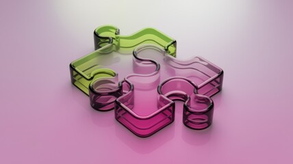 Poster - Two translucent puzzle pieces, one green and one purple, interlocked, symbolizing connection and teamwork.