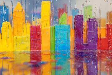 Poster - Raindrops on glass reflecting a colorful city skyline