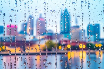 Poster - Raindrops on glass reflecting a colorful city skyline