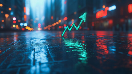 Poster - Urban Growth:  An upward trending neon green arrow sits on a rain-slicked city street at night, reflecting the vibrant city lights in a powerful visual metaphor for economic growth and opportunity. 