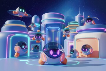 Poster - Cute robots explore a vibrant neon futuristic city at night.