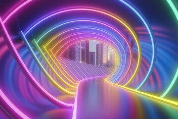 Poster - A vibrant neon tunnel leading to a futuristic cityscape, showcasing bright colors and a glowing path.