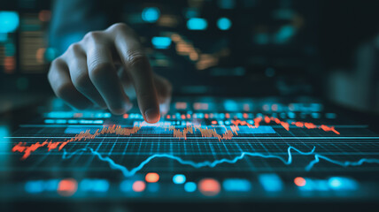Poster - Navigating the Data: A close-up of a hand interacts with a digital screen displaying intricate graphs and data visualizations.