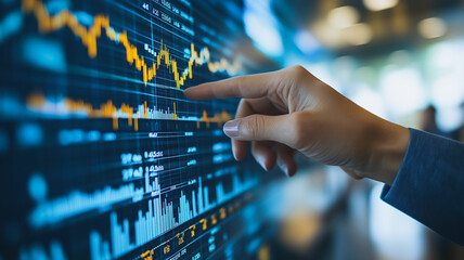 Wall Mural - Analyzing Market Trends: A hand points to fluctuating data on a large screen displaying dynamic stock market charts, highlighting the complexities and potential of investment. 