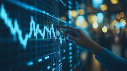 Poster - Market Trend Analysis: A hand interacts with a large digital screen displaying dynamic financial data, highlighting the fluctuating market trends. The image evokes a sense of urgency, precision.