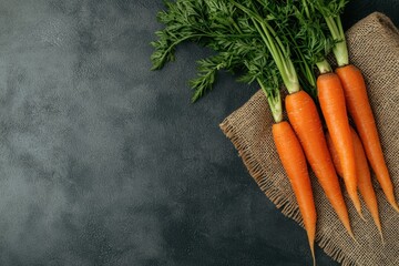 Freshly harvested carrots lying on burlap sack on dark background