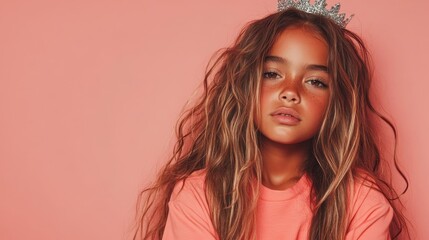 Wall Mural - A fashionable young girl poses with a subtle expression wearing a crown, highlighting her unique style against a vivid pink background that adds a modern touch.