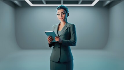 Poster - A 3D animated businesswoman in a teal suit confidently uses a tablet in a minimalist setting.