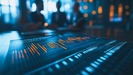 Poster - Data Analysis Meeting: Close-up shot of financial data charts and graphs displayed on a screen during a business meeting, with blurred figures of businesspeople in the background.