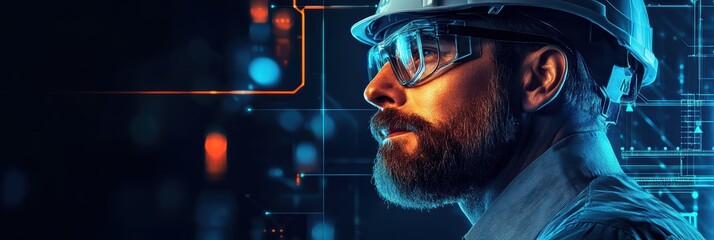 Poster - Innovative construction worker with safety gear visualizing technology in urban setting