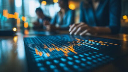 Poster - Financial Data Analysis:Teamwork and Technology in Finance. Close-up shot of hands interacting with a digital interface displaying dynamic financial data charts and graphs.