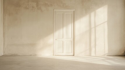 Wall Mural - Sunlit empty room with white door and textured wall.