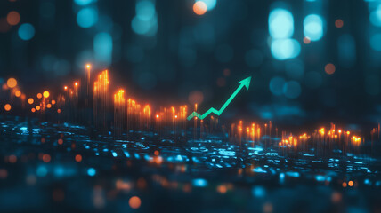 Poster - upward trend: a vibrant, stylized graphic depicting a bright green upward arrow rising above a glowi