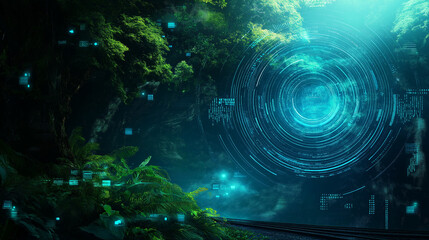 Wall Mural - enchanted forest portal: a mystical digital portal shimmers with ethereal blue light within a lush, 