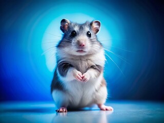 Wall Mural - Playful Hamster: Double Exposure Black & White Pet Photo on Blue Background