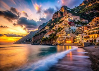 Sticker - Positano Coastline, Italy: Long Exposure Seascape at Dusk