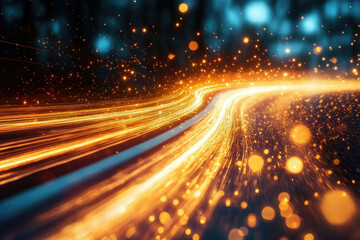 Poster - A mesmerizing abstract image of glowing, golden streaks of light curving through a dark, glittering space, creating a sense of movement and energy.