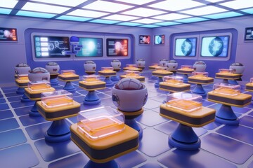 Poster - Futuristic lab with numerous robotic units undergoing processing, showcasing advanced technology.