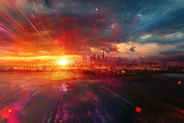 Poster - A futuristic cityscape at sunset, depicted with vibrant colors and dynamic light streaks, conveying a sense of speed and energy.