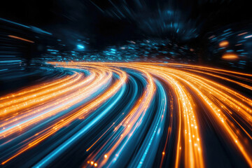Poster - Abstract swirling light trails, vibrant blue and orange streaks in dark space, depicting speed and energy.