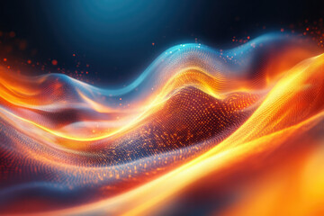 Aufkleber - Abstract digital wave with glowing particles, vibrant orange and blue hues, dynamic and energetic.