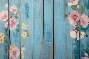 Wall Mural - Weathered wood planks painted with a vintage pastel pattern