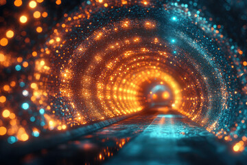 Poster - A mesmerizing, glowing tunnel of vibrant orange and teal lights creates a magical, futuristic scene.