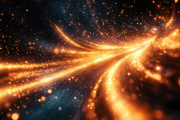 Aufkleber - Glowing golden particles swirl in a dark space, creating a dynamic and vibrant abstract background.
