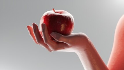 Poster - A hand gently holds a ripe, red apple against a soft gray backdrop.