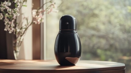 Wall Mural - Black Perfume Bottle on a Wooden Table