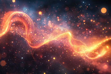 Aufkleber - Glowing orange and gold particles swirl in a dark cosmic background, creating a magical and ethereal effect.