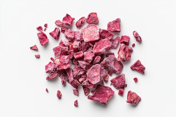 Wall Mural - Crushed freeze-dried strawberries on white background, isolated food texture, product photography