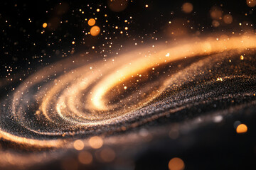 Aufkleber - Golden spiral galaxy with glittering particles and bokeh lights, cosmic abstract background.